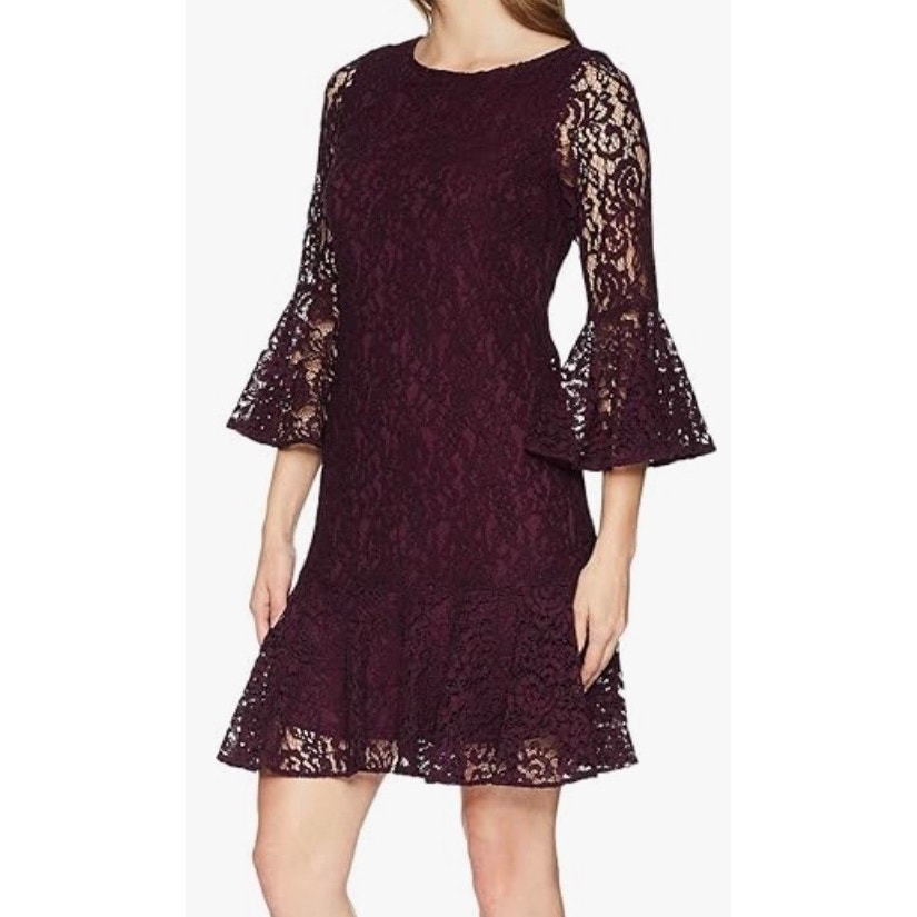 Burgundy Size 6 Calvin Klein Women's Flounce Hem Bell-Sleeve Lace Dress